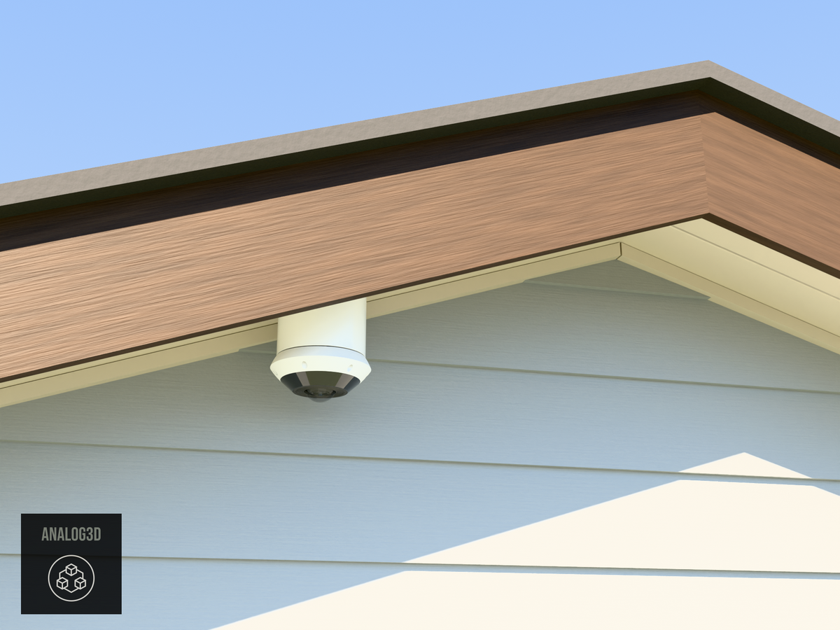 UniFi G6 Pro 360 angled soffit mount installed on an eave, White PETG, daylight