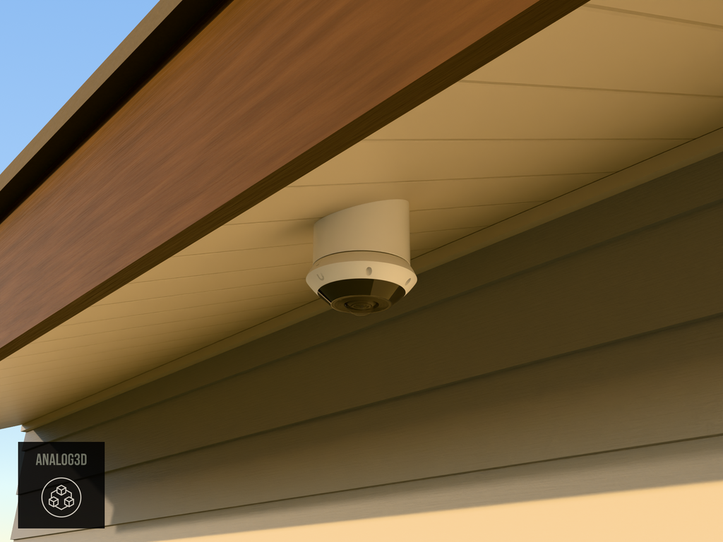 UniFi G6 Pro 360 angled soffit mount installed on a soffit, White PETG, golden hour