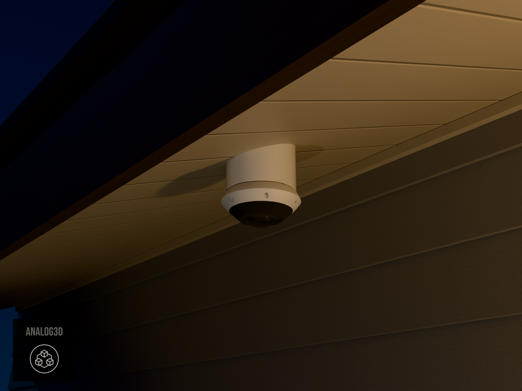UniFi G6 Pro 360 angled soffit mount installed on a soffit, White PETG, night