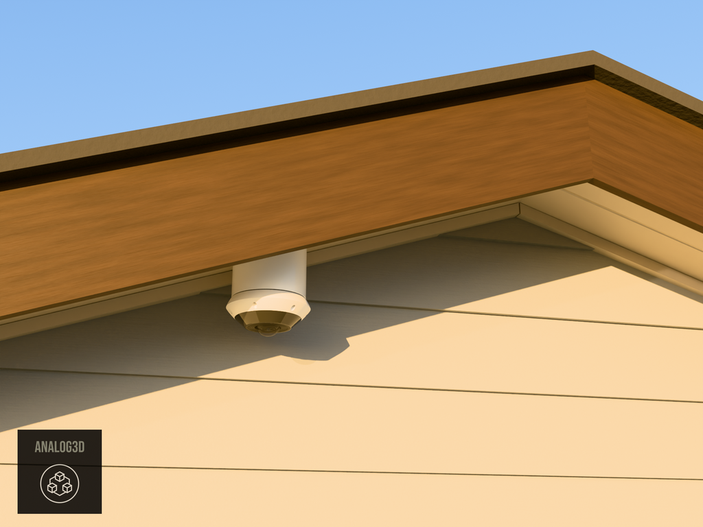 UniFi G6 Pro 360 angled soffit mount installed on an eave, White PETG, golden hour
