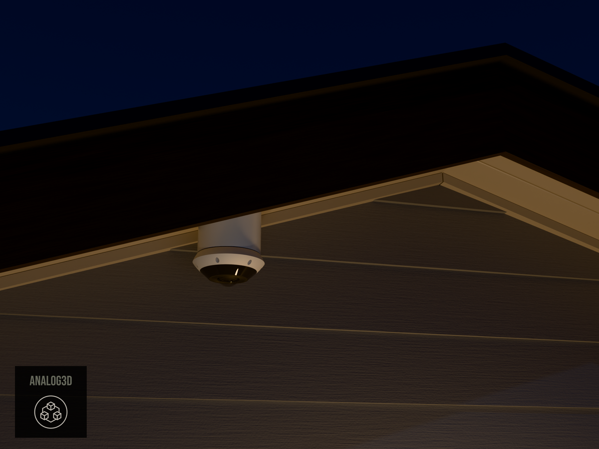 UniFi G6 Pro 360 angled soffit mount installed on an eave, White PETG, night