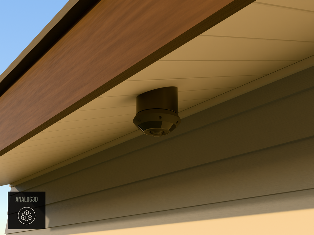 UniFi G6 Pro 360 angled soffit mount installed on a soffit, Black PETG, golden hour