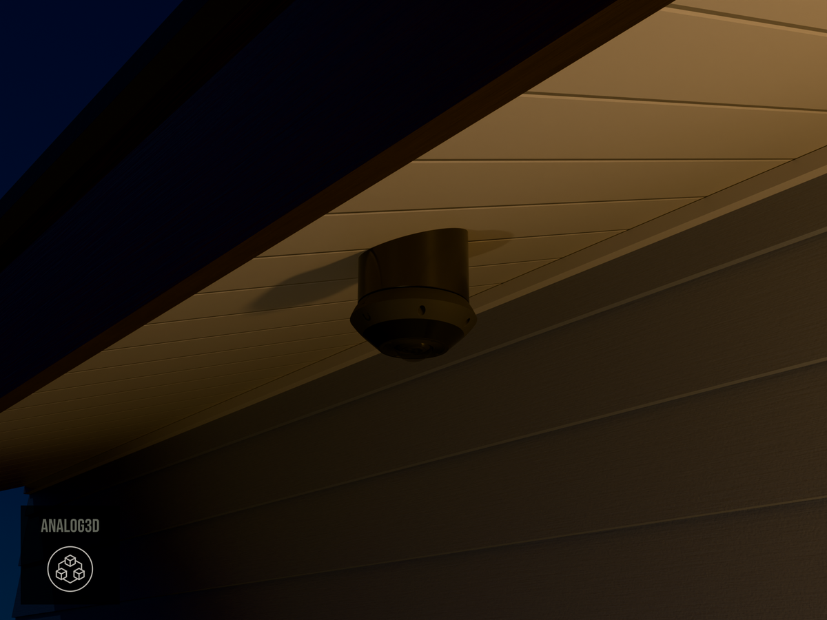 UniFi G6 Pro 360 angled soffit mount installed on a soffit, Black PETG, night