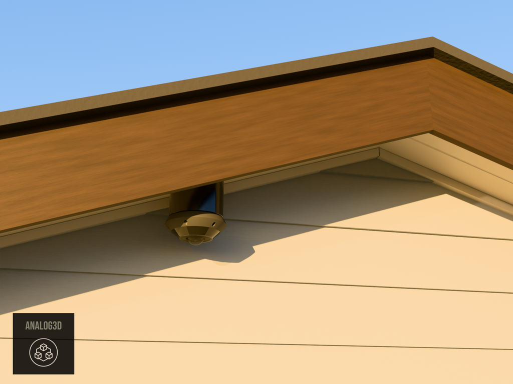 UniFi G6 Pro 360 angled soffit mount installed on an eave, Black PETG, golden hour