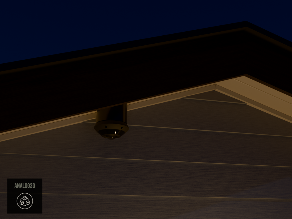 UniFi G6 Pro 360 angled soffit mount installed on an eave, Black PETG, night