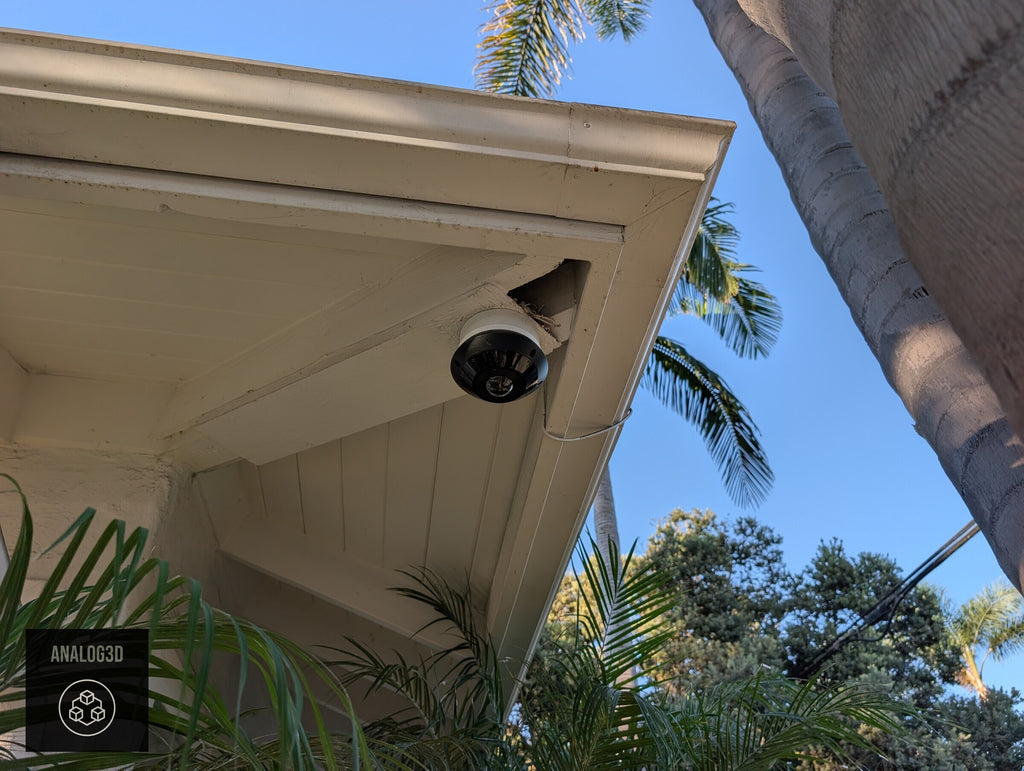Ubiquiti UVC-G6-Pro-360 installed on a Dahua PFA137 box under the eave (customer install photo)