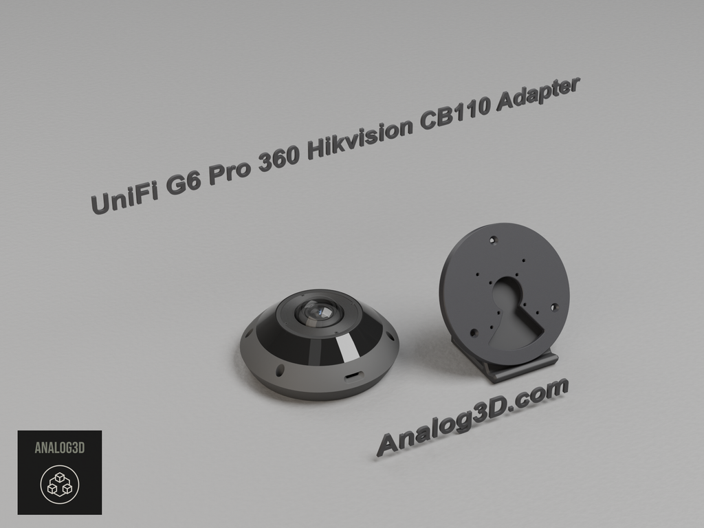 Black PETG Hikvision CB110 adapter plate on a display stand beside the Ubiquiti UVC-G6-Pro-360