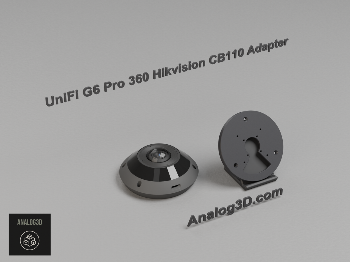Black PETG Hikvision CB110 adapter plate on a display stand beside the Ubiquiti UVC-G6-Pro-360