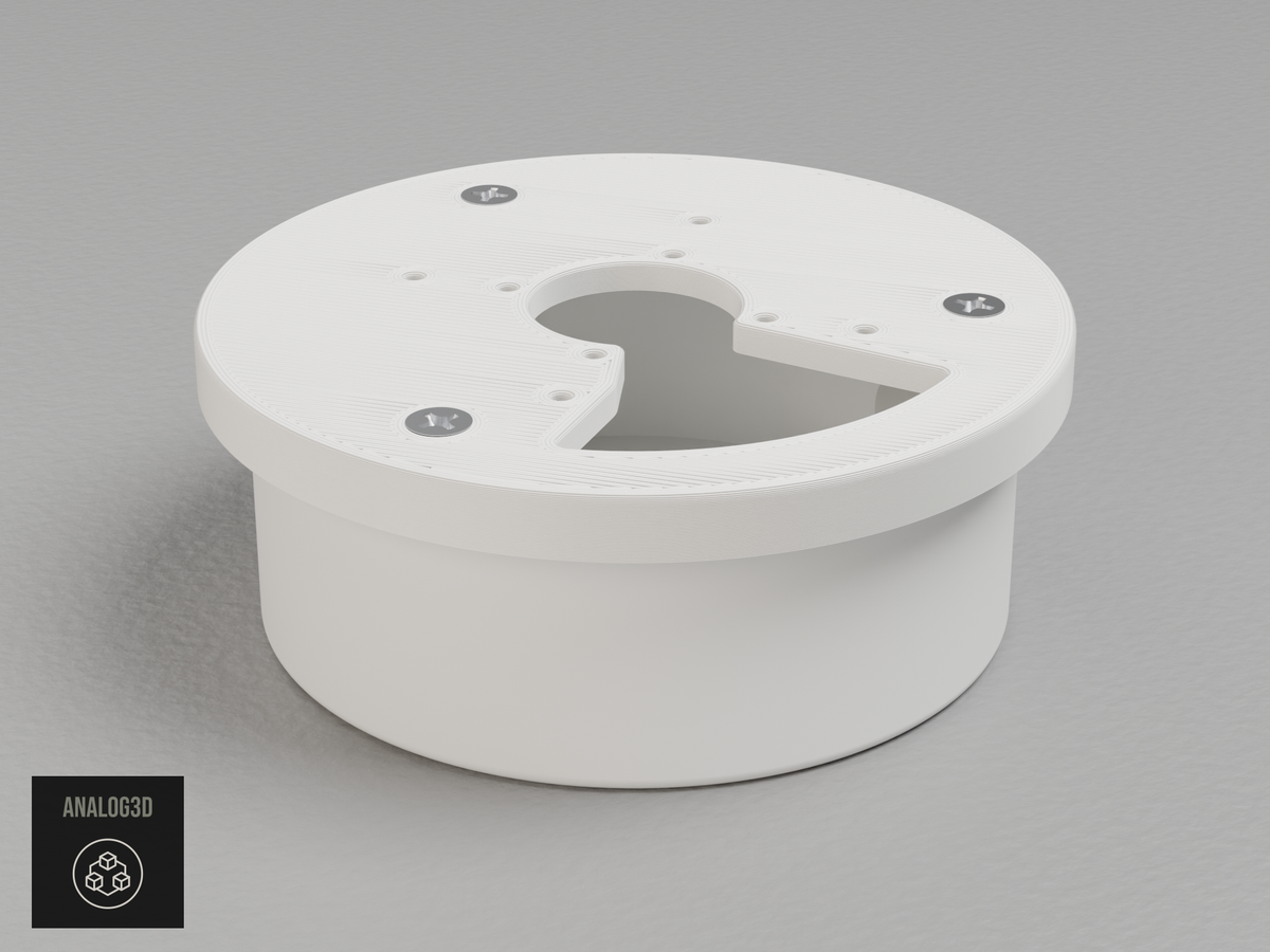 White PETG Hikvision CB110 adapter plate mounted on the Hikvision CB110 junction box