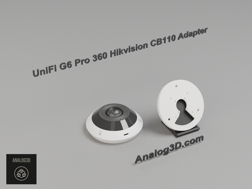 White PETG Hikvision CB110 adapter plate on a display stand beside the Ubiquiti UVC-G6-Pro-360