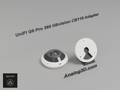 White PETG Hikvision CB110 adapter plate on a display stand beside the Ubiquiti UVC-G6-Pro-360