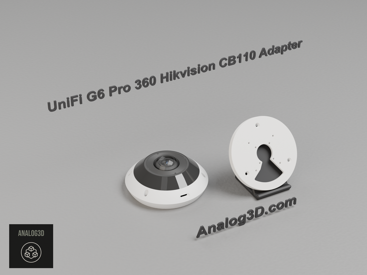 White PETG Hikvision CB110 adapter plate on a display stand beside the Ubiquiti UVC-G6-Pro-360