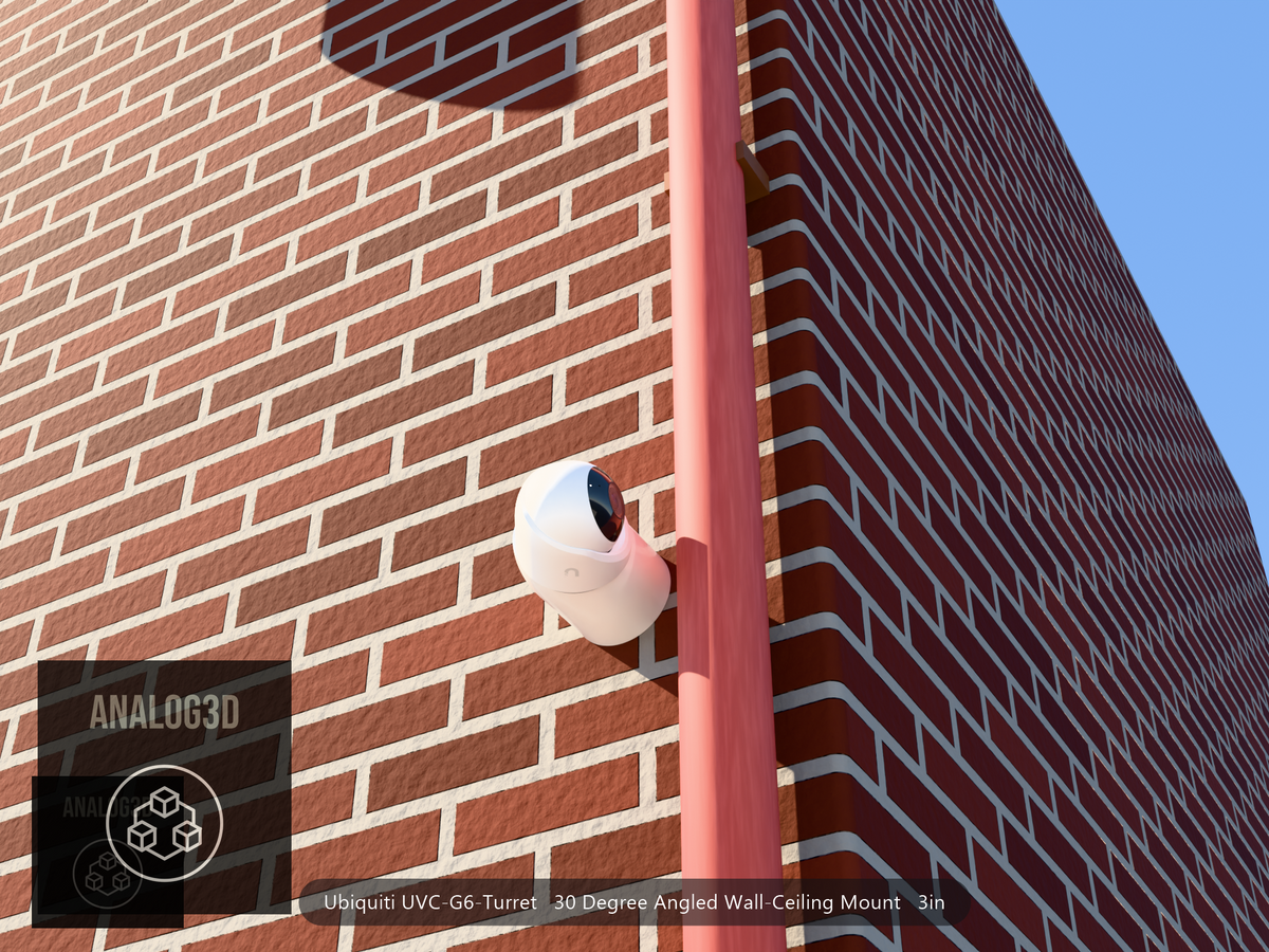 UVC-G6-Turret 30 degree angled wall-ceiling mount (3in ext3) clearing a drain pipe on brick