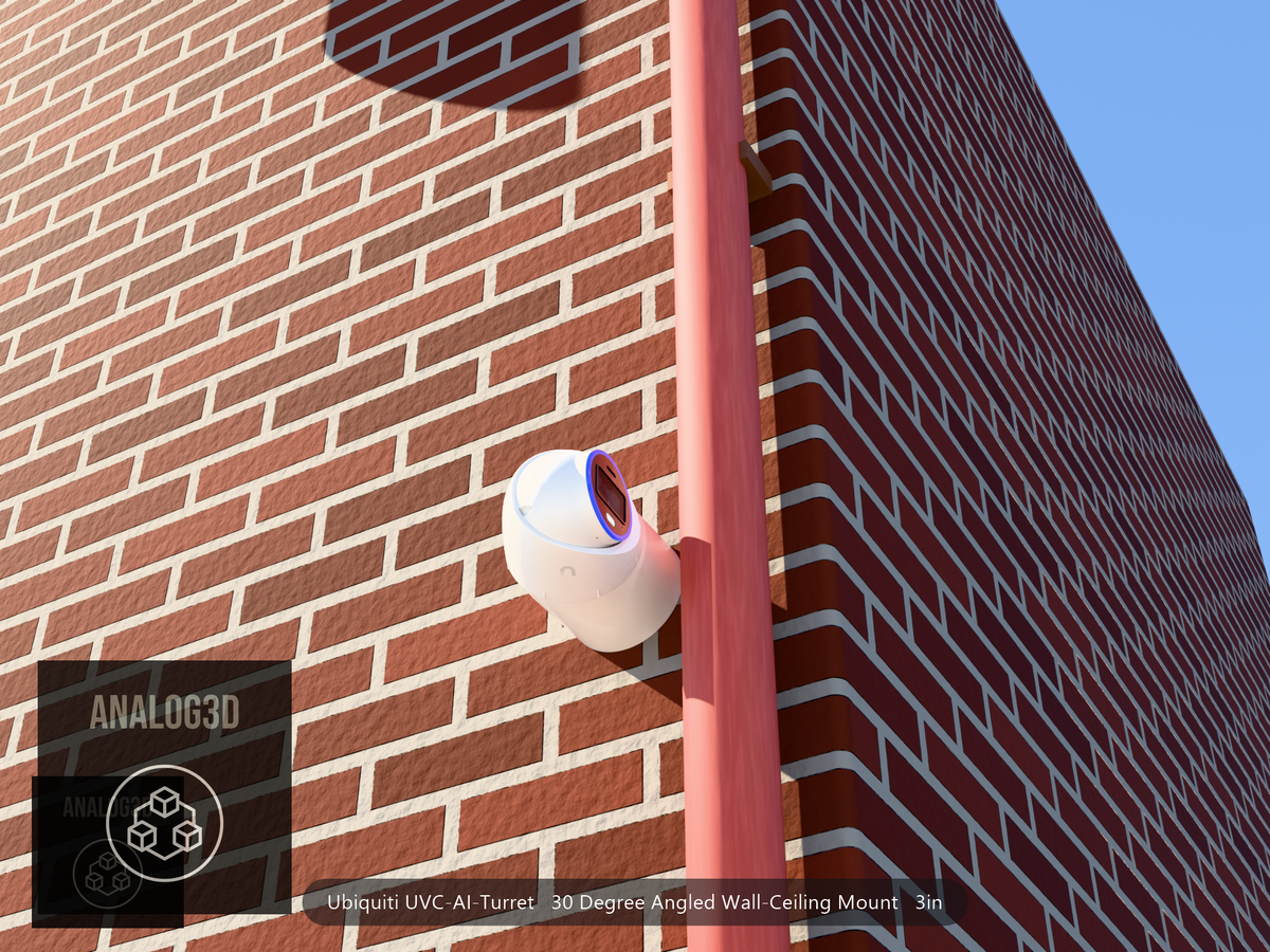 UVC-AI-Turret 30 degree angled wall-ceiling mount (3in ext3) clearing a drain pipe on brick