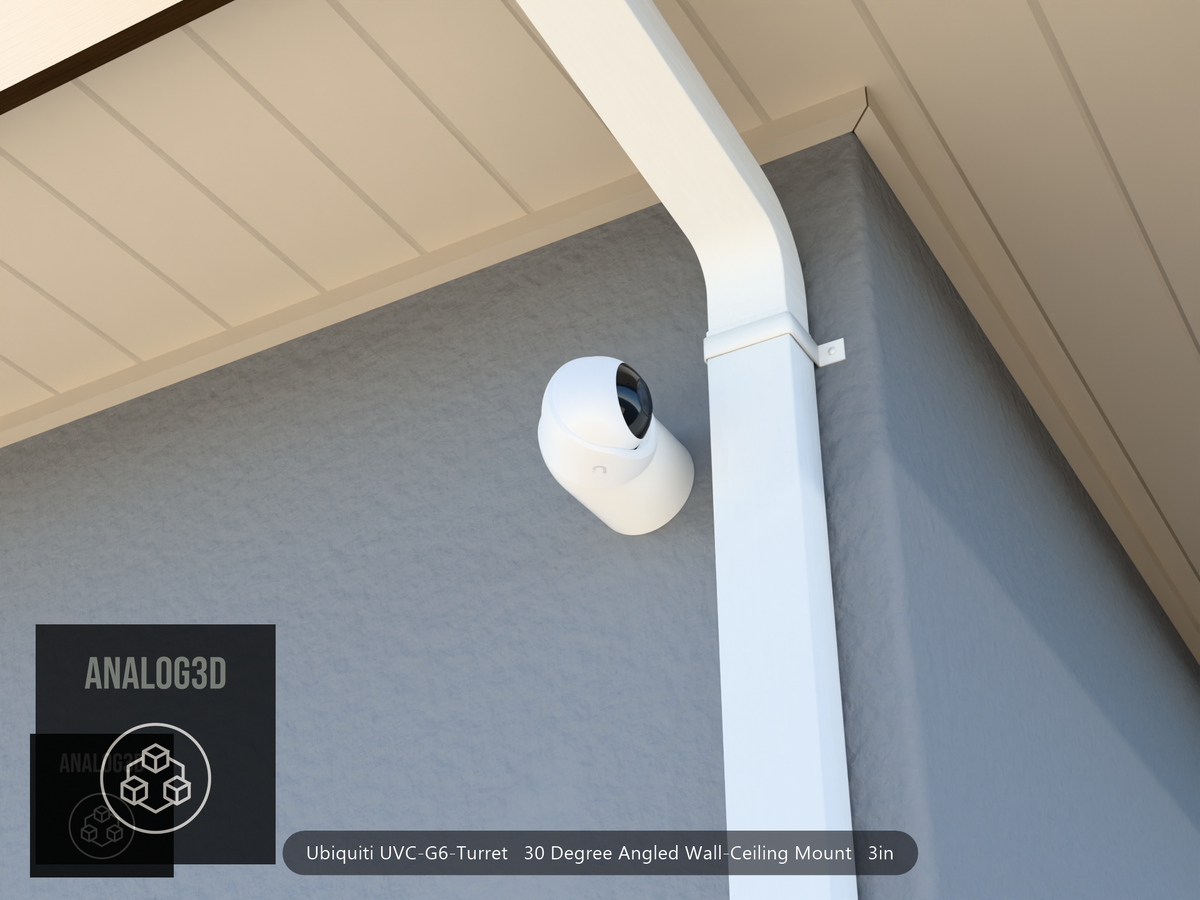 UVC-G6-Turret 30 degree angled wall-ceiling mount (3in ext3) clearing a swan-neck downspout on stucco
