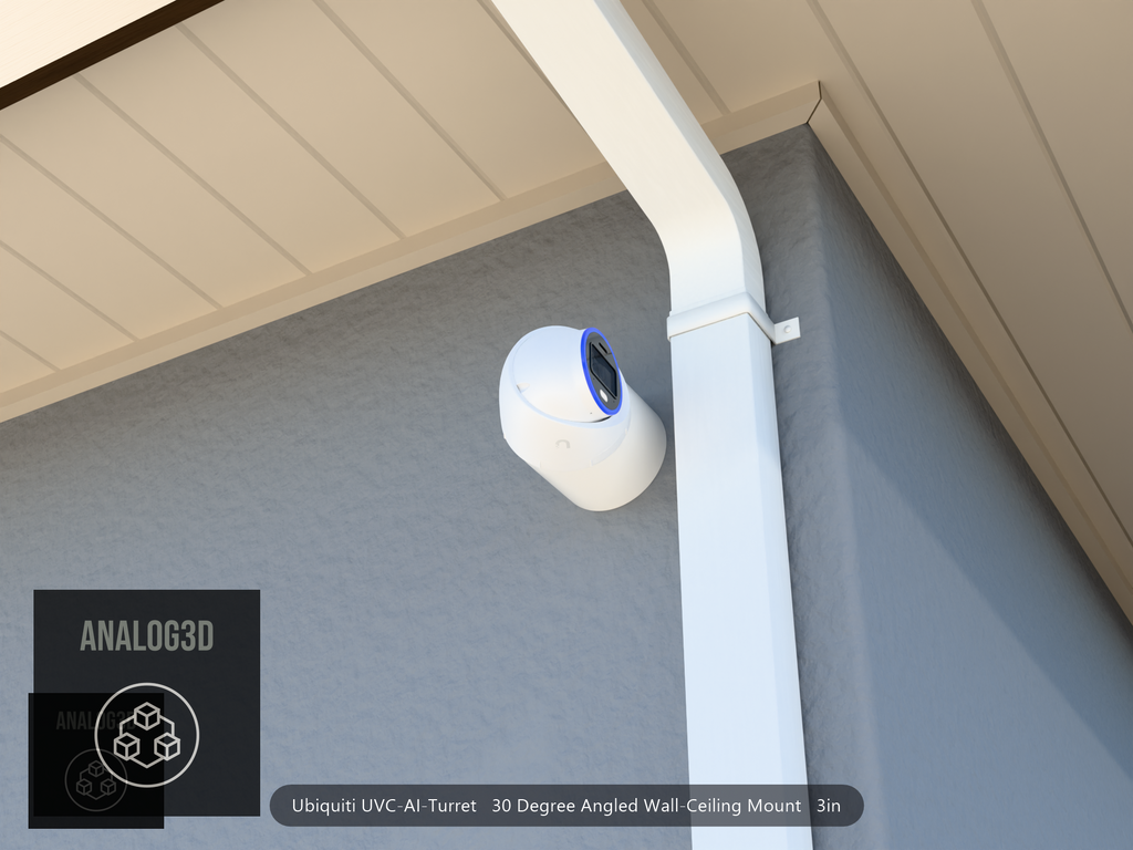 UVC-AI-Turret 30 degree angled wall-ceiling mount (3in ext3) clearing a swan-neck downspout on stucco