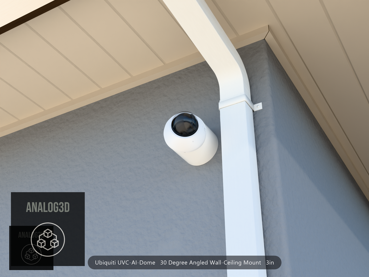UVC-AI-Dome 30 degree angled wall-ceiling mount (3in ext3) clearing a swan-neck downspout on stucco