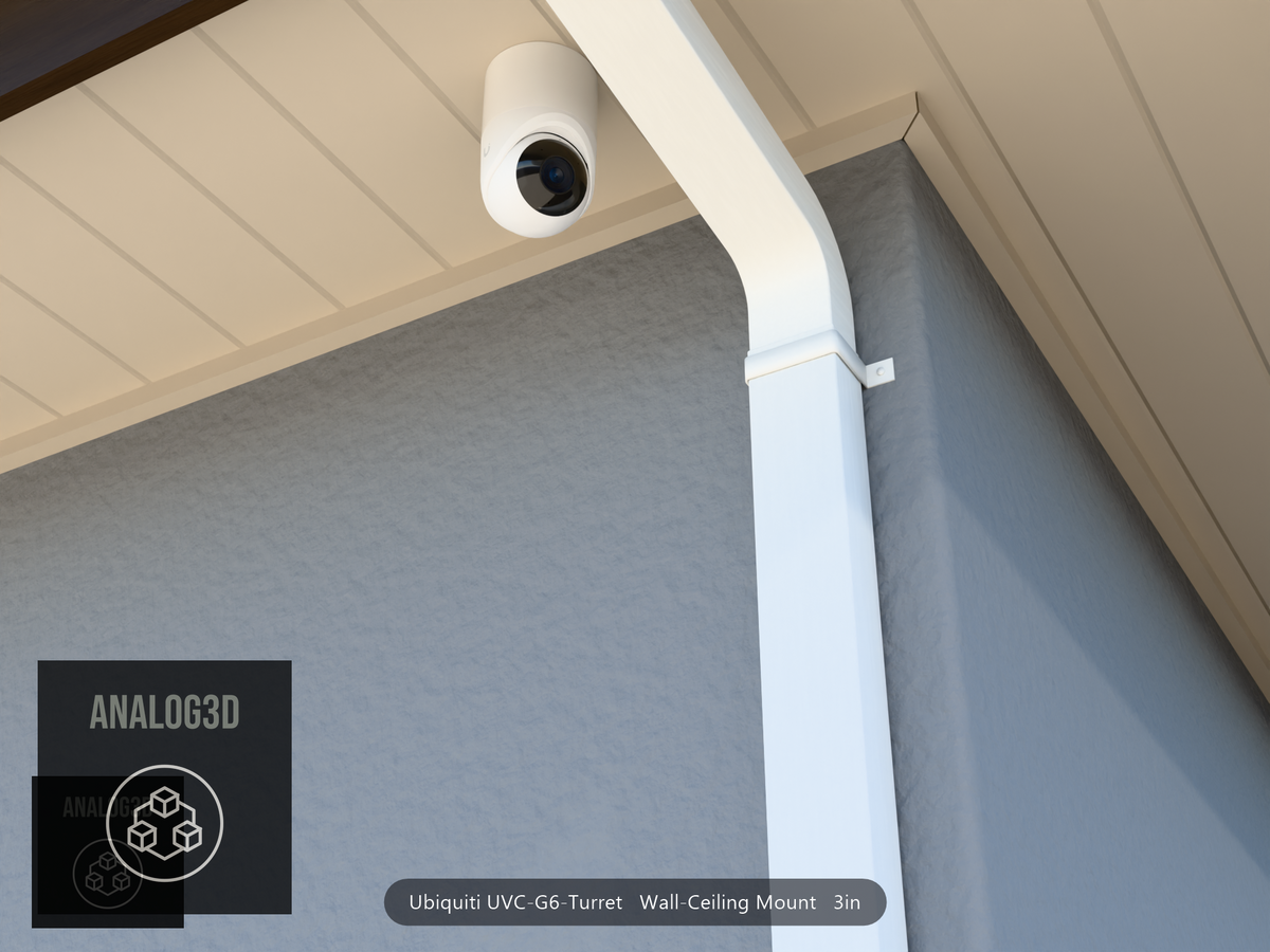 UVC-G6-Turret wall-ceiling mount (3in ext3) hung from the soffit beside a swan-neck downspout