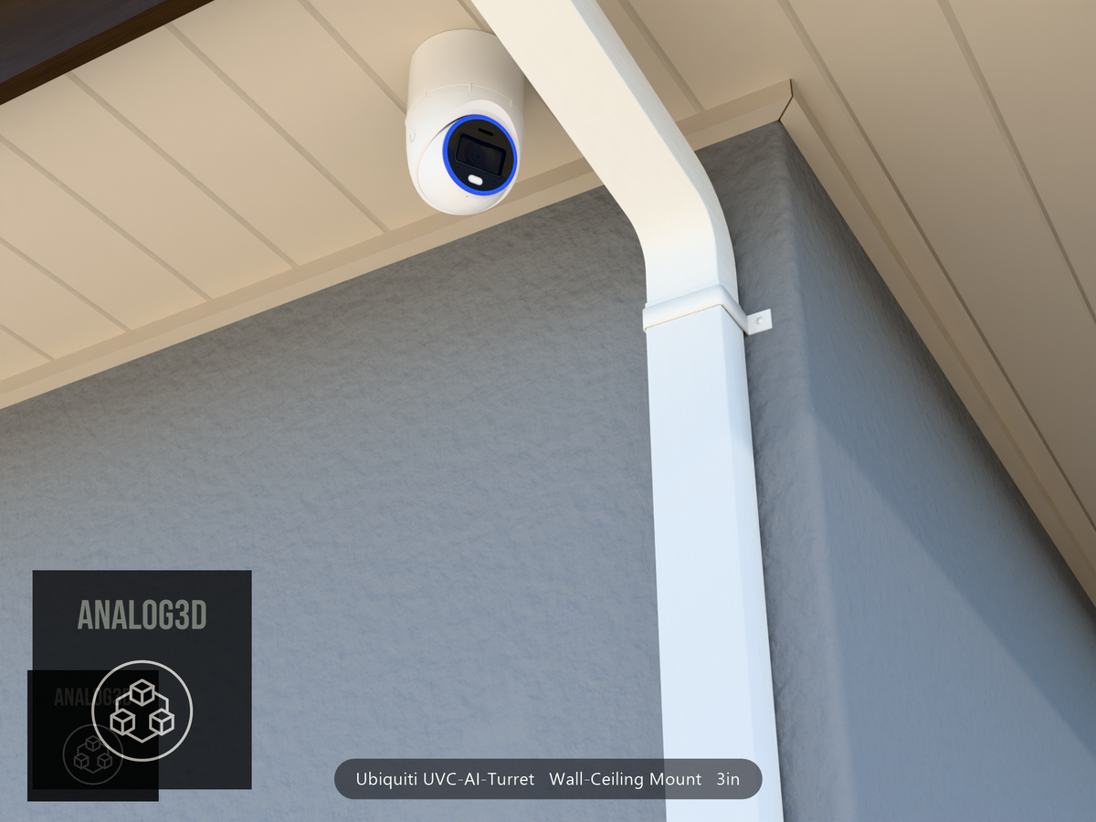 UVC-AI-Turret wall-ceiling mount (3in ext3) hung from the soffit beside a swan-neck downspout