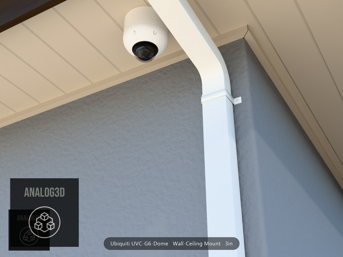 UVC-G6-Dome wall-ceiling mount (3in ext3) hung from the soffit beside a swan-neck downspout