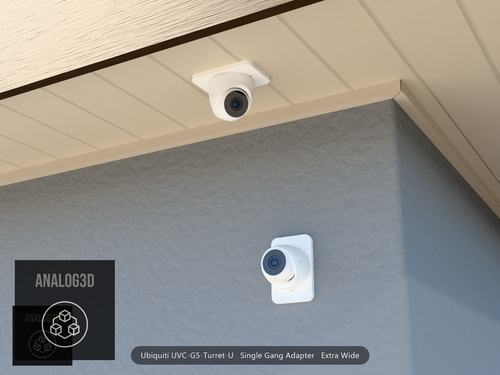 UVC-G5-Turret-U single-gang extra-wide adapter plate installed on a stucco wall and soffit