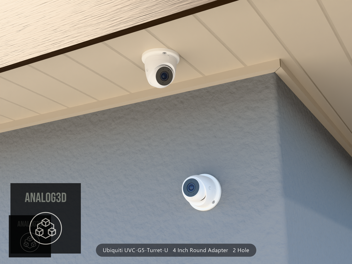 UVC-G5-Turret-U 4 inch round adapter plate (2 hole) installed on a stucco wall and soffit