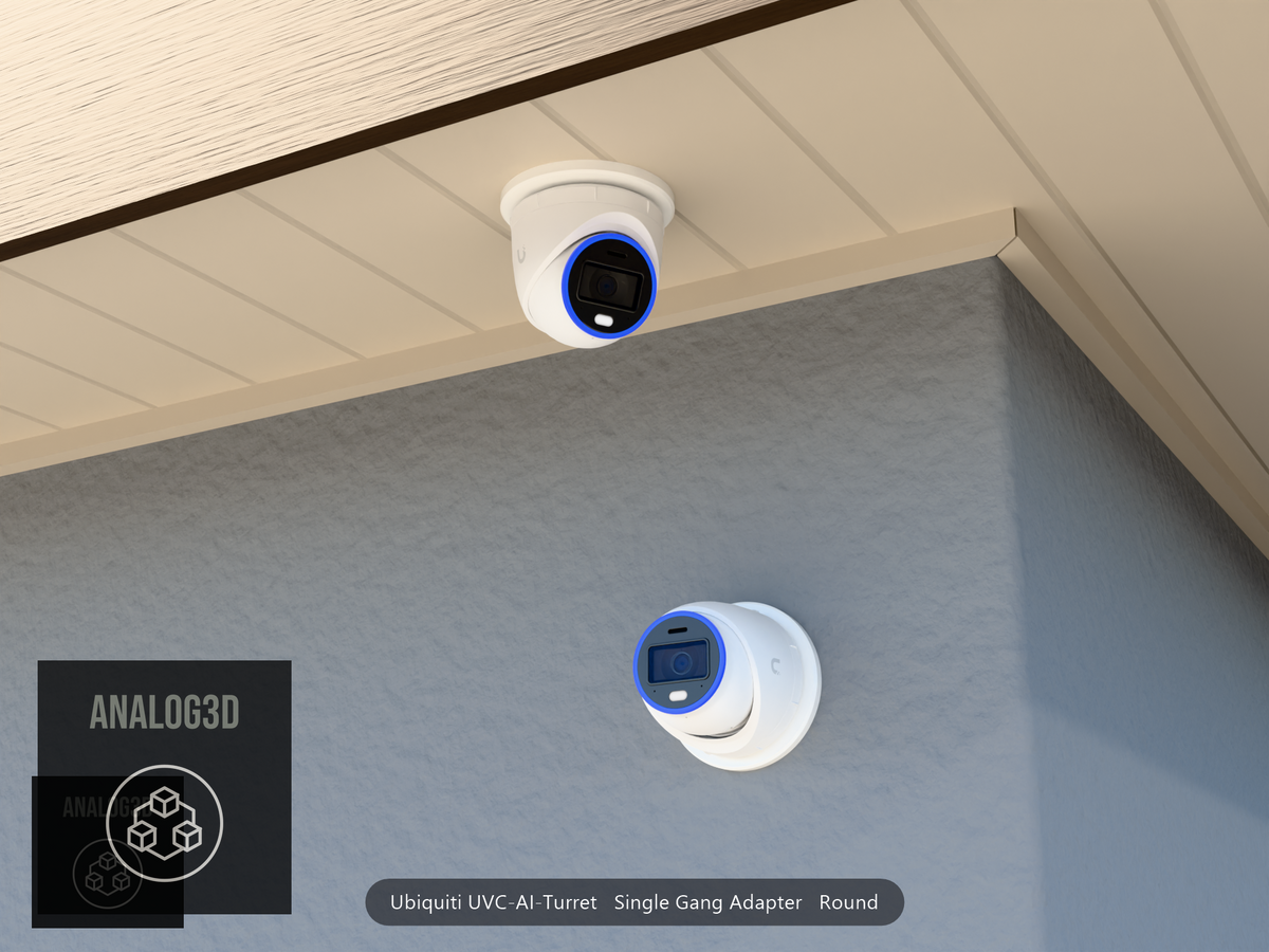 UVC-AI-Turret single-gang Round adapter plate installed on a stucco wall and soffit