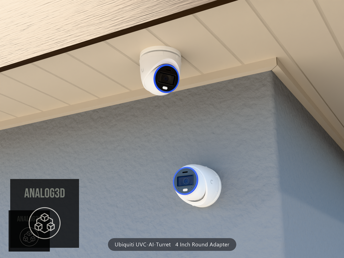 UVC-AI-Turret 4 inch round adapter plate installed on a stucco wall and soffit