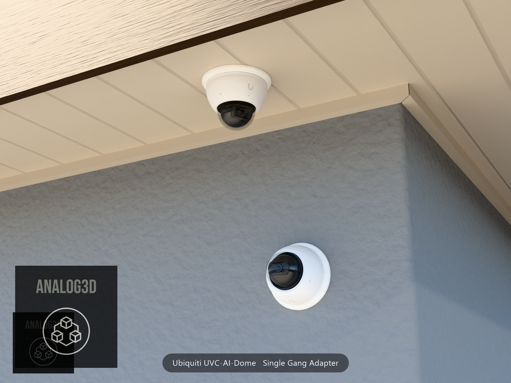 UVC-AI-Dome single-gang adapter plate installed on a stucco wall and soffit