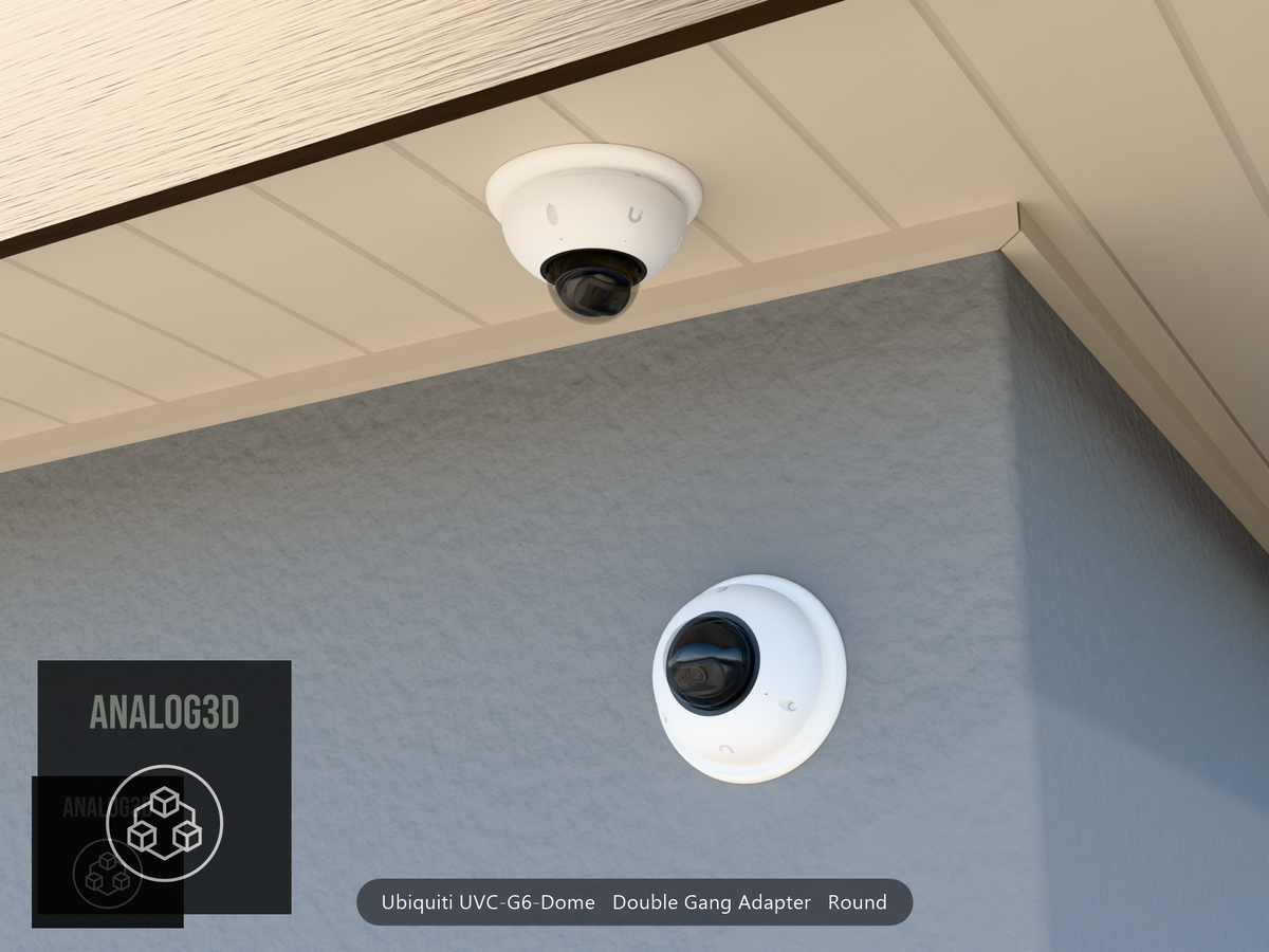 UVC-G6-Dome double-gang round adapter plate installed on a stucco wall and soffit
