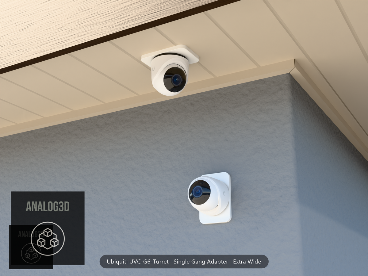 UVC-G6-Turret single-gang extra-wide adapter plate installed on a stucco wall and soffit