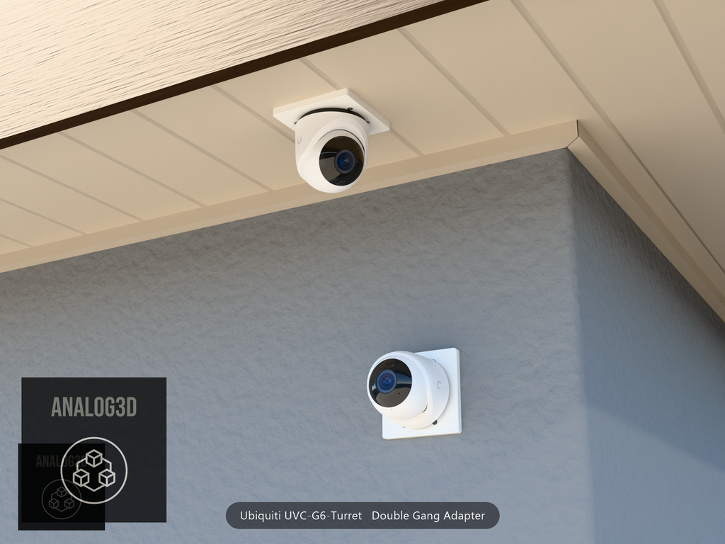UVC-G6-Turret double-gang adapter plate installed on a stucco wall and soffit