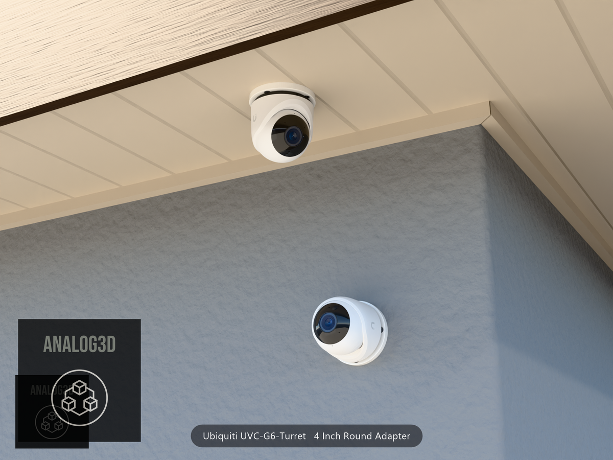 UVC-G6-Turret 4 inch round adapter plate installed on a stucco wall and soffit