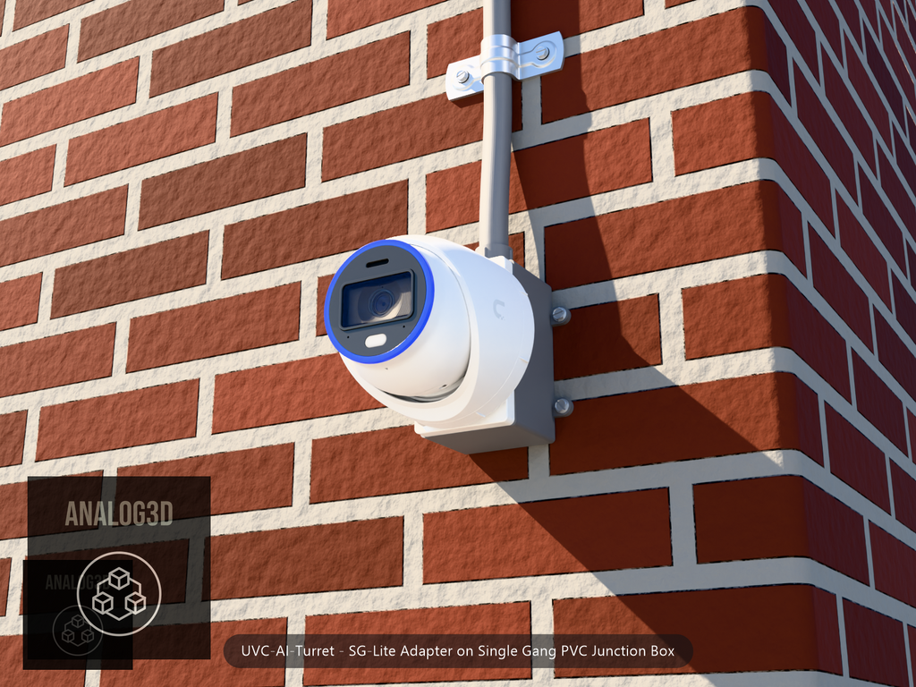 UVC-AI-Turret SG-Lite adapter plate bolted to a single gang PVC junction box with 1/2 inch PVC conduit, brick wall