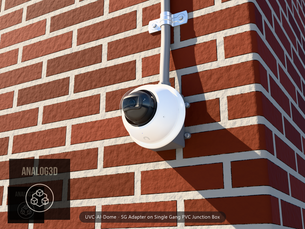 UVC-AI-Dome SG adapter plate bolted to a single gang PVC junction box with 1/2 inch PVC conduit, brick wall