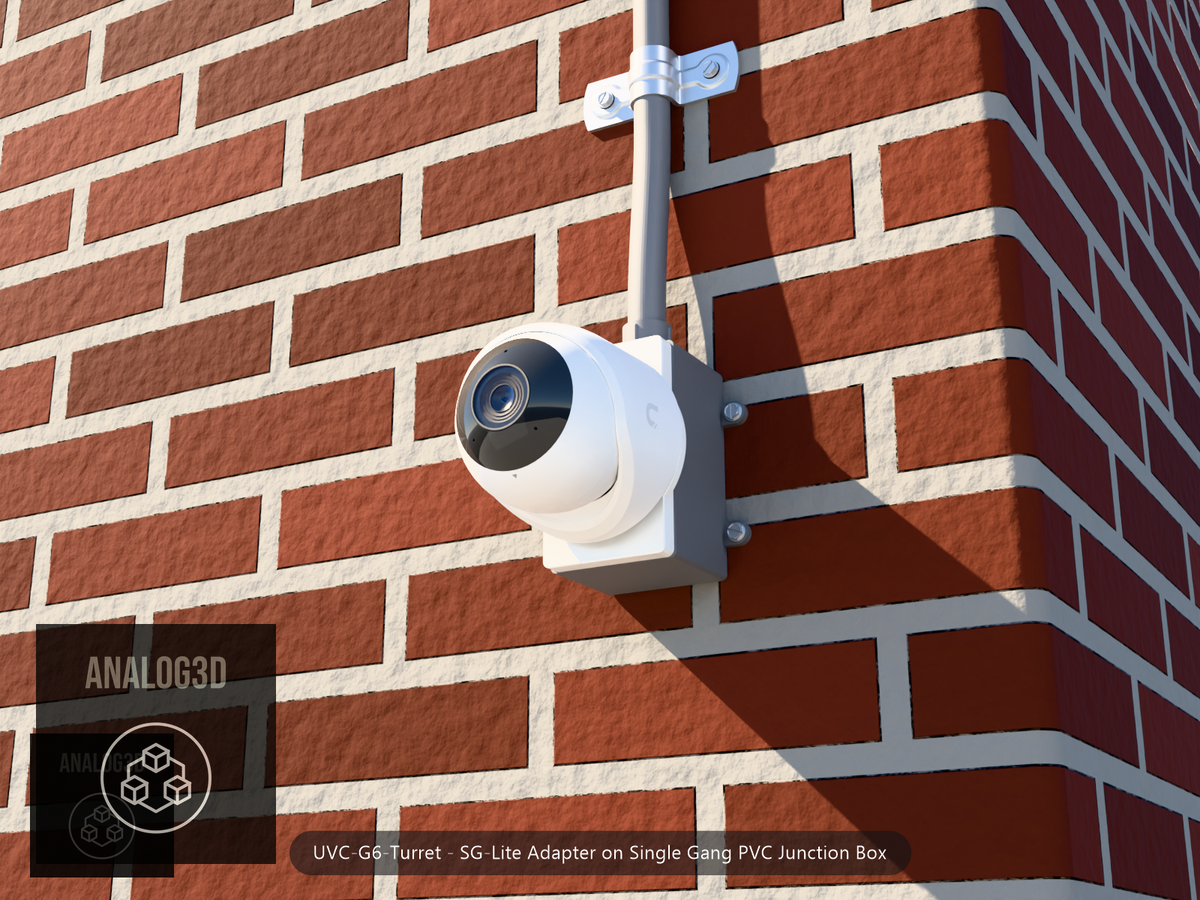 UVC-G6-Turret SG-Lite adapter plate bolted to a single gang PVC junction box with 1/2 inch PVC conduit, brick wall