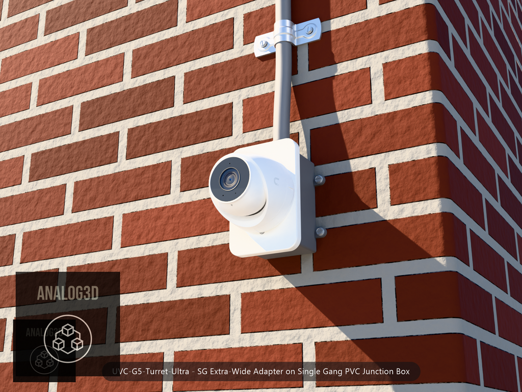 UVC-G5-Turret-Ultra SG Extra-Wide adapter plate bolted to a single gang PVC junction box with 1/2 inch PVC conduit, brick wall