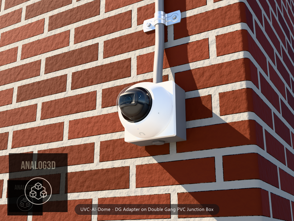 UVC-AI-Dome DG adapter plate bolted to a double gang PVC junction box, 1/2 inch PVC conduit from the top hub, threaded plug in the bottom hub, brick wall