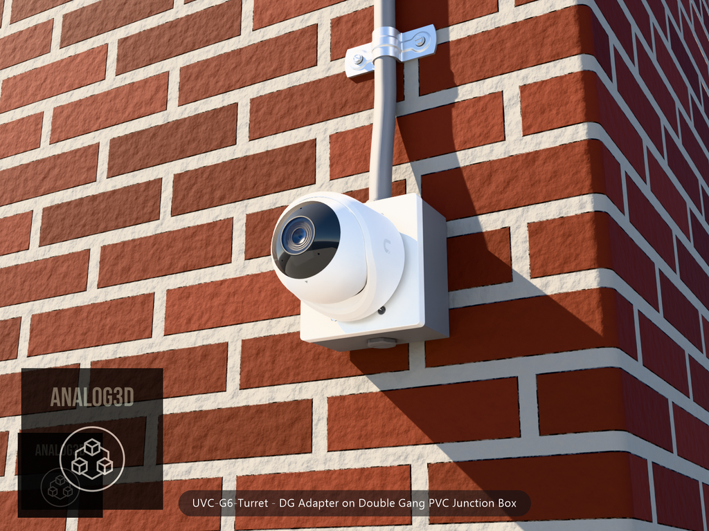 UVC-G6-Turret DG adapter plate bolted to a double gang PVC junction box, 1/2 inch PVC conduit from the top hub, threaded plug in the bottom hub, brick wall
