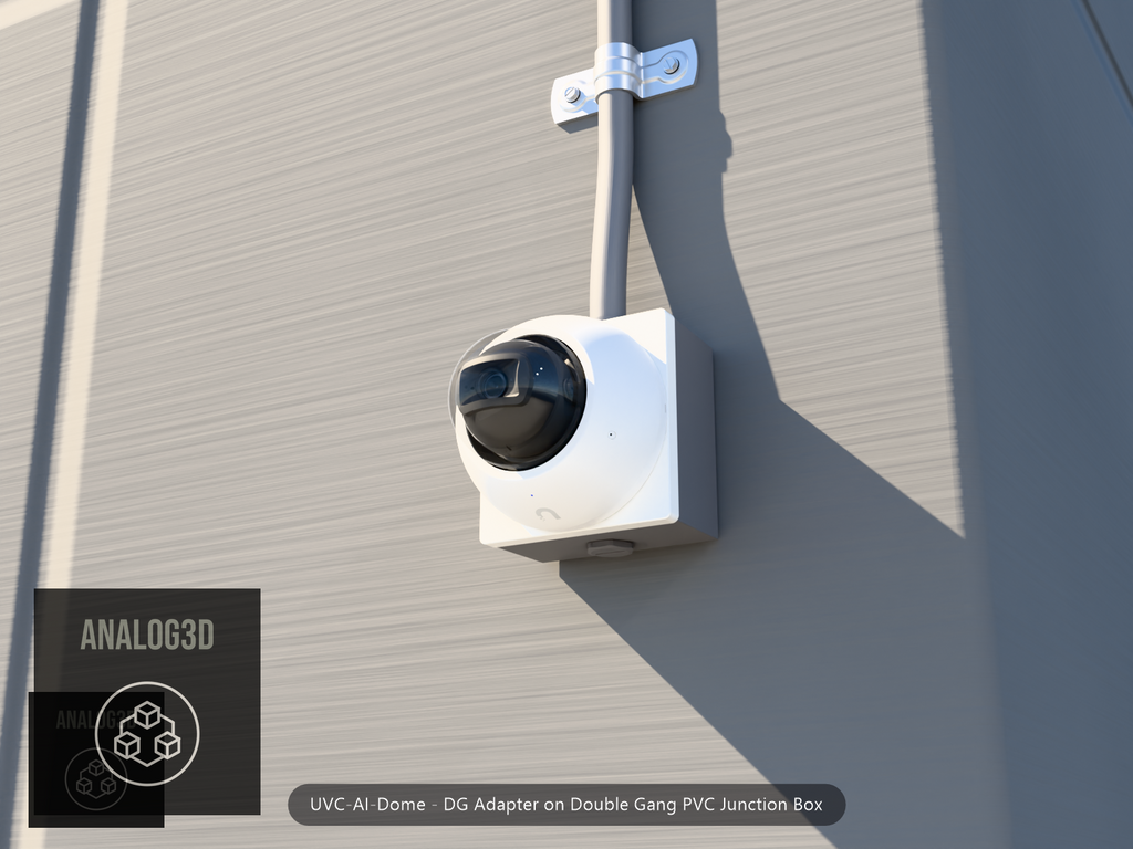 UVC-AI-Dome DG adapter plate bolted to a double gang PVC junction box, 1/2 inch PVC conduit from the top hub, threaded plug in the bottom hub, concrete wall
