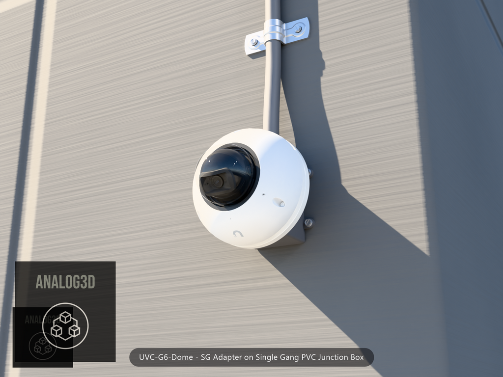 UVC-G6-Dome SG adapter plate bolted to a single gang PVC junction box, concrete wall