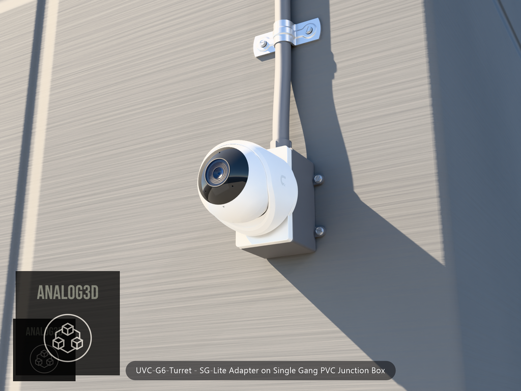 UVC-G6-Turret SG-Lite adapter plate bolted to a single gang PVC junction box, concrete wall