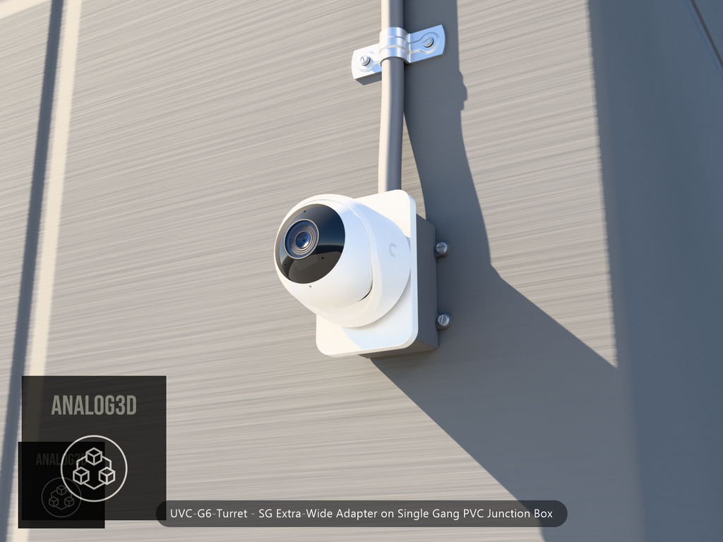 UVC-G6-Turret SG Extra-Wide adapter plate bolted to a single gang PVC junction box, concrete wall