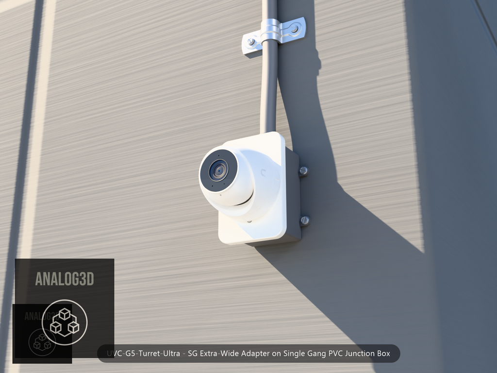 UVC-G5-Turret-Ultra SG Extra-Wide adapter plate bolted to a single gang PVC junction box, concrete wall