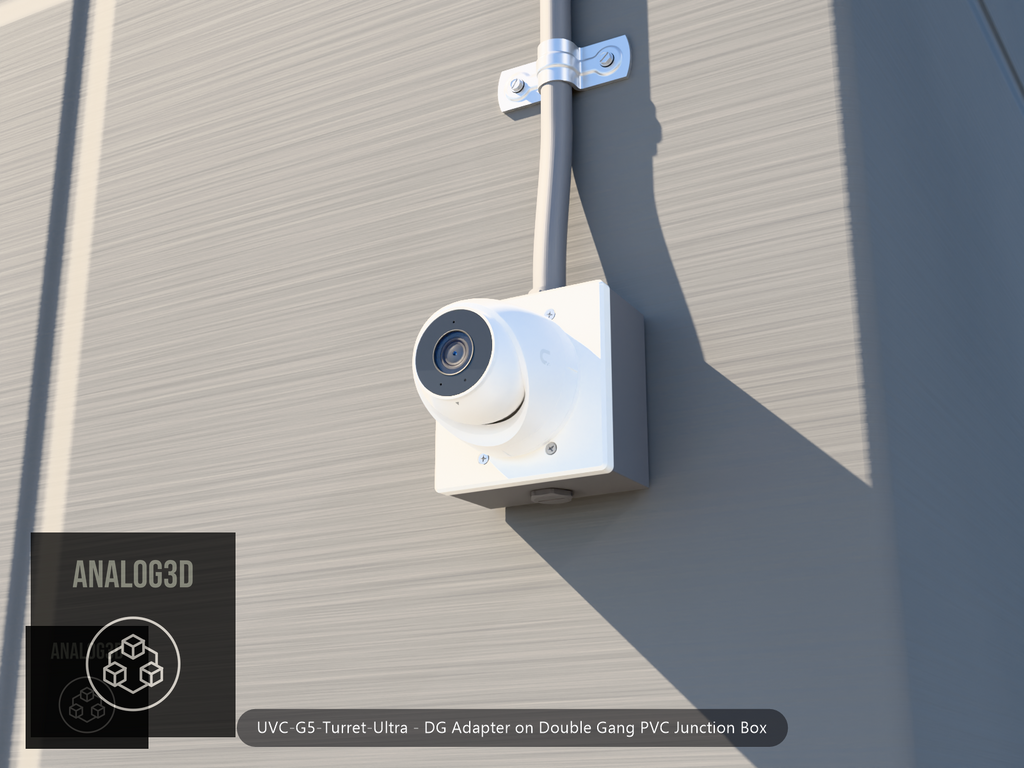 UVC-G5-Turret-Ultra DG adapter plate bolted to a double gang PVC junction box, 1/2 inch PVC conduit from the top hub, threaded plug in the bottom hub, concrete wall