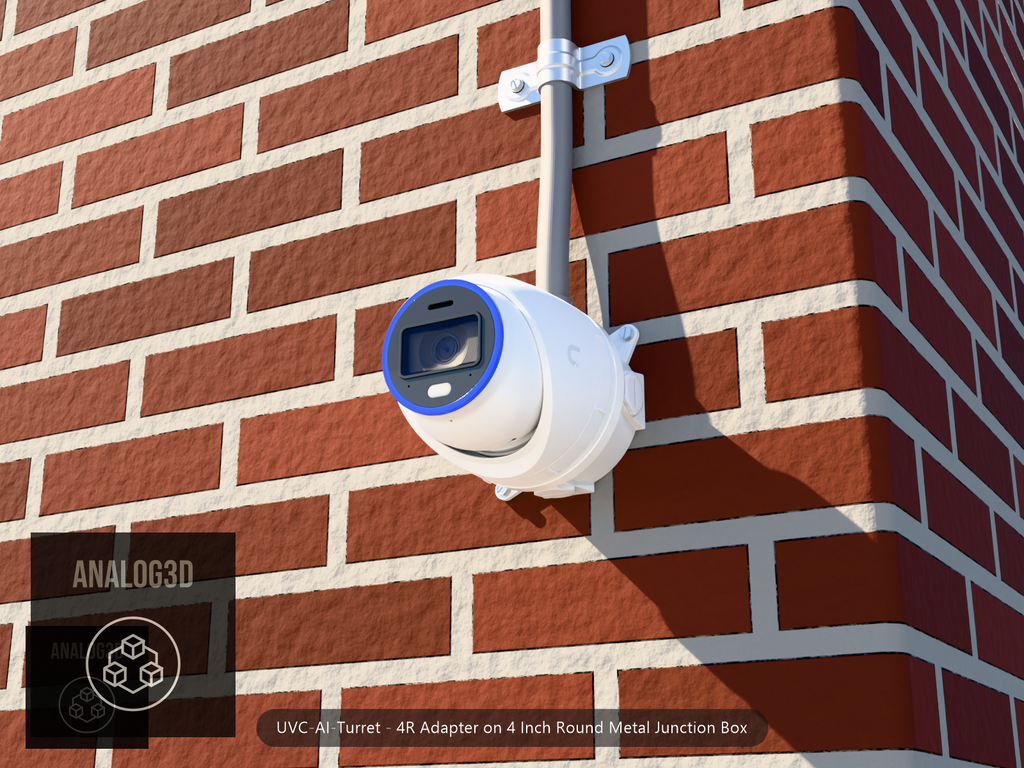 UVC-AI-Turret 4R adapter plate bolted to a 4 inch round metal junction box, 1/2 inch PVC conduit from the top hub, threaded plugs in the remaining hubs, brick wall