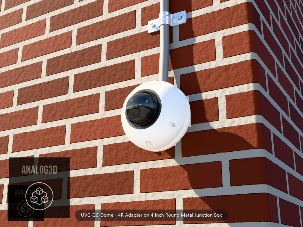 UVC-G6-Dome 4R adapter plate bolted to a 4 inch round metal junction box, 1/2 inch PVC conduit from the top hub, threaded plugs in the remaining hubs, brick wall