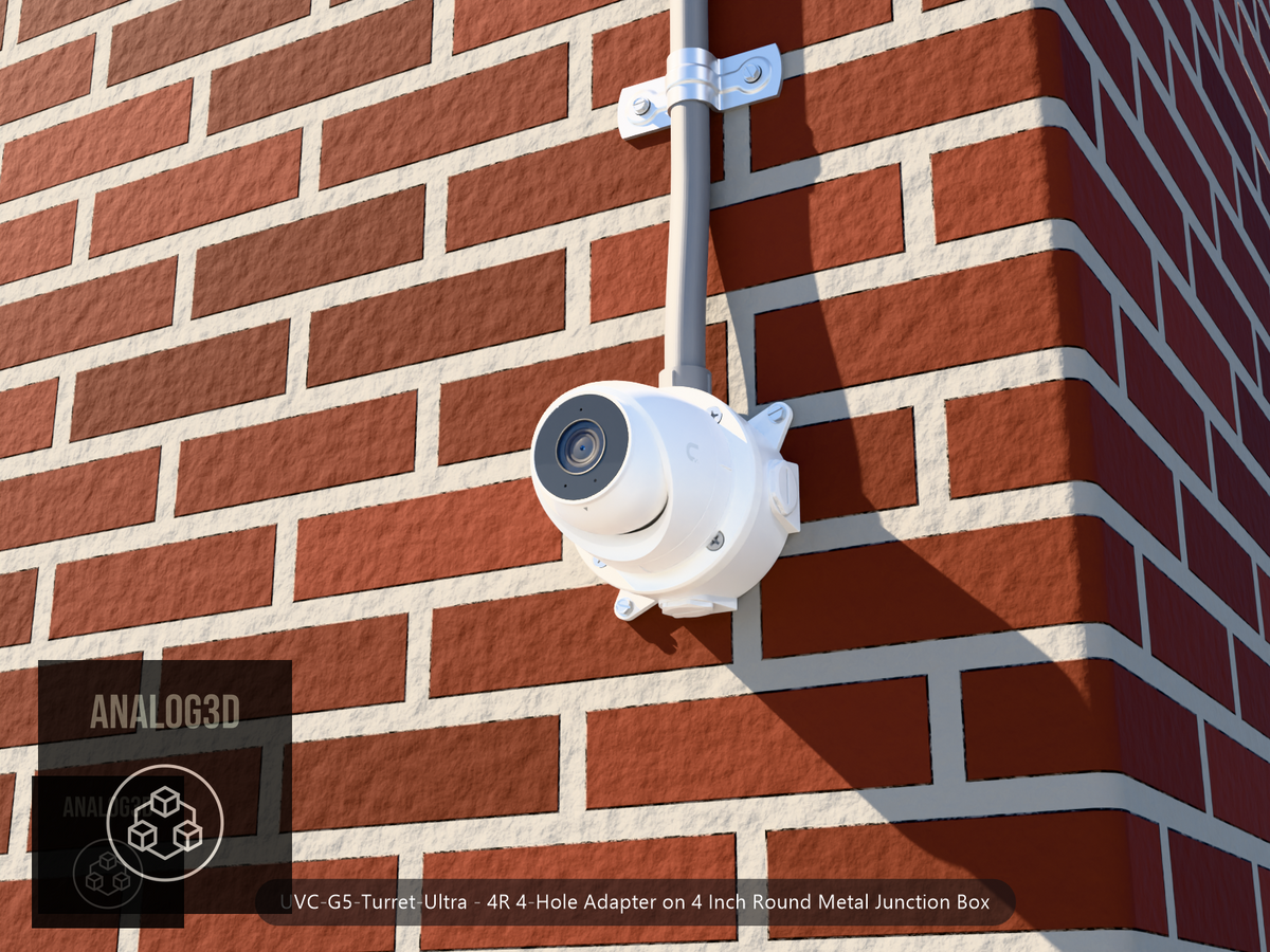 UVC-G5-Turret-Ultra 4R 4-hole adapter plate bolted to a 4 inch round metal junction box, 1/2 inch PVC conduit from the top hub, threaded plugs in the remaining hubs, brick wall