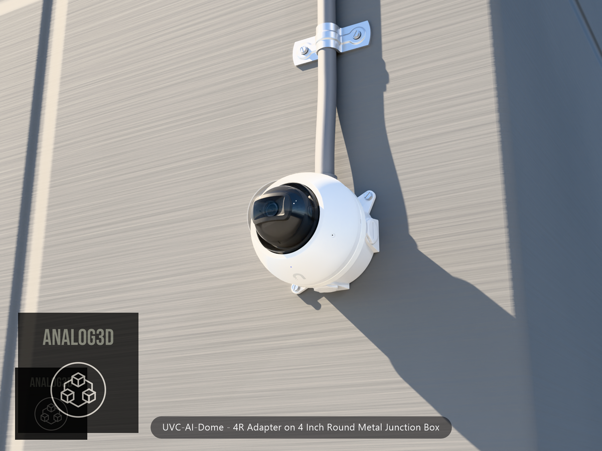 UVC-AI-Dome 4R adapter plate bolted to a 4 inch round metal junction box, 1/2 inch PVC conduit from the top hub, threaded plugs in the remaining hubs, concrete wall