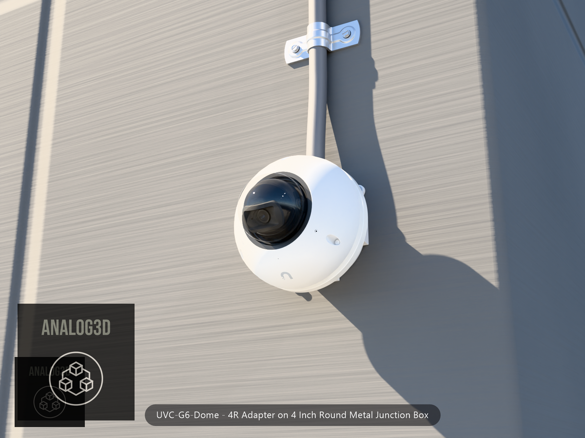 UVC-G6-Dome 4R adapter plate bolted to a 4 inch round metal junction box, 1/2 inch PVC conduit from the top hub, threaded plugs in the remaining hubs, concrete wall
